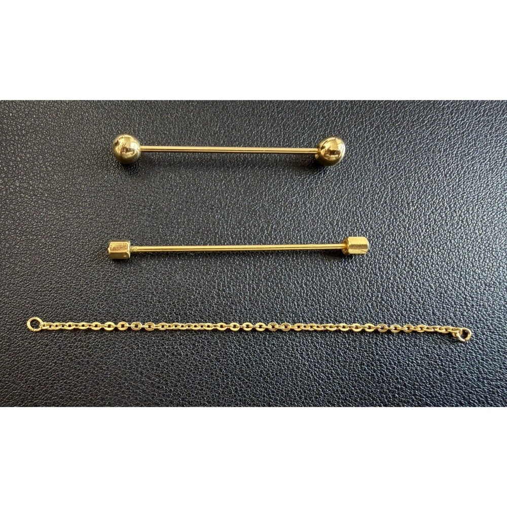 Lot of 2 Men's Vintage Gold Tone Collar Bars Pins w/ Chain Ball/Hexagonal Ends